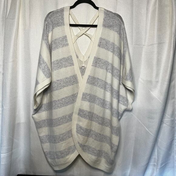 Aerie Oversized Comfy Striped Cape Sweater Criss Cross Back Gray White Size L/XL - Picture 2 of 16